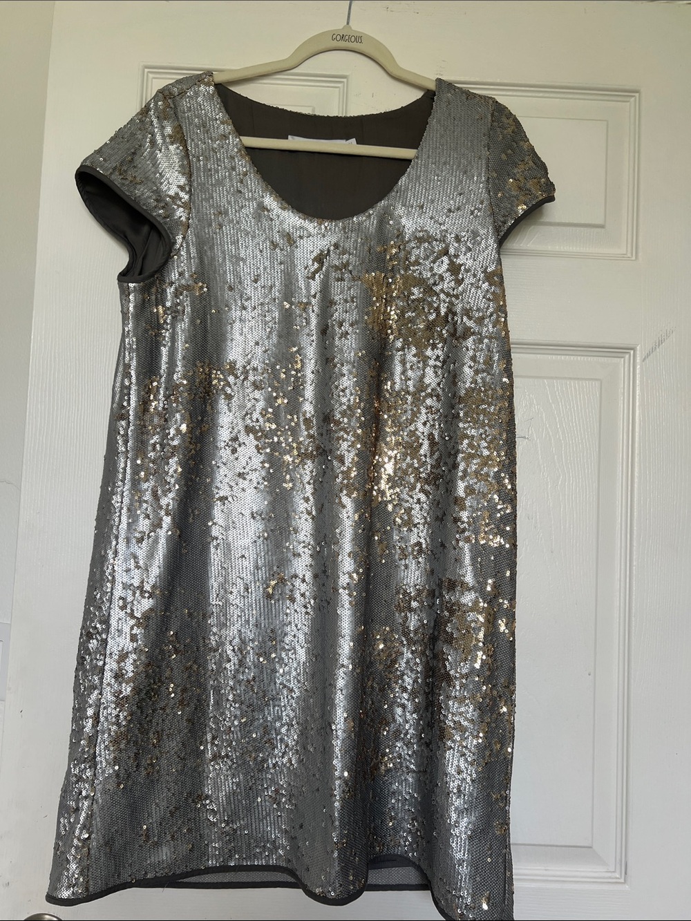 Lauren Vidal Silver Sequin Midi Dress with Gold Accents
